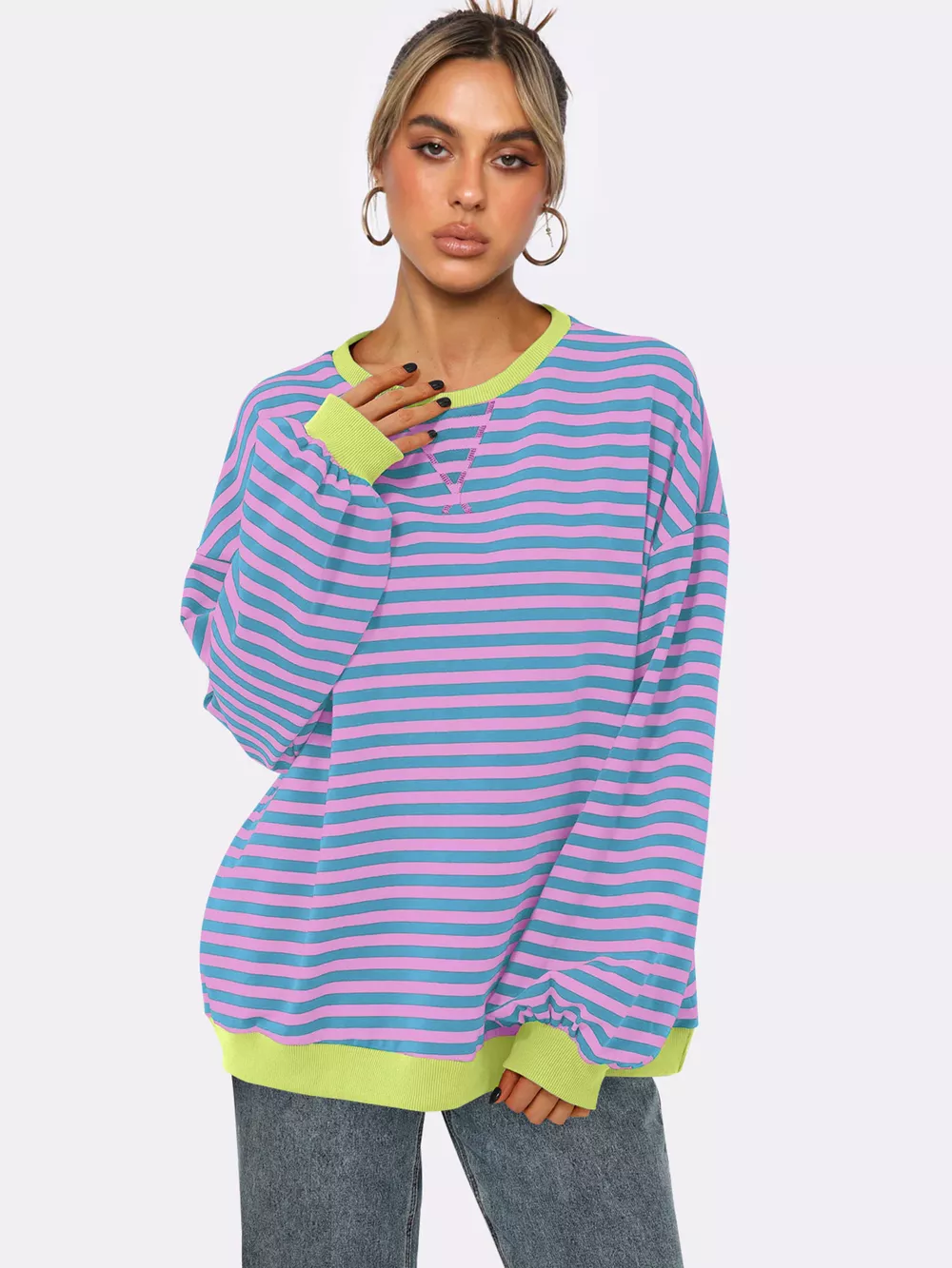 Striped Round Neck Long Sleeve Sweatshirt, image 12