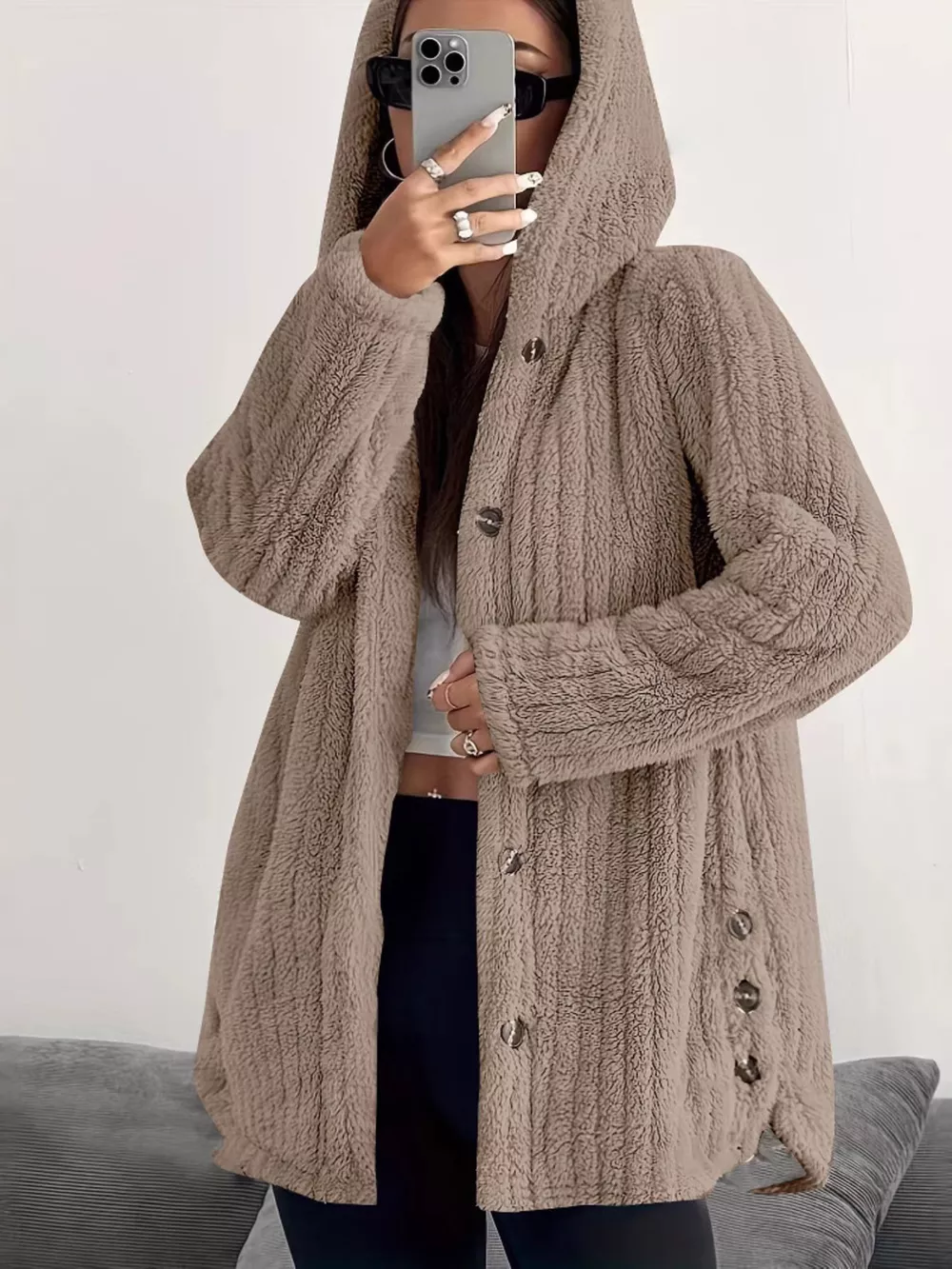 Full Size Fleece Button Up Hooded Outerwear Plus Size, image 8
