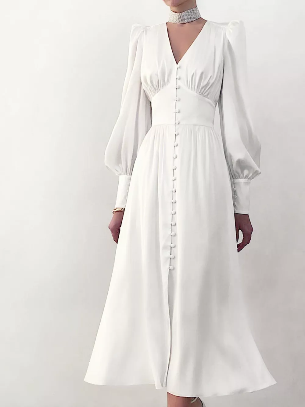 V-Neck Lantern Sleeve Midi Dress