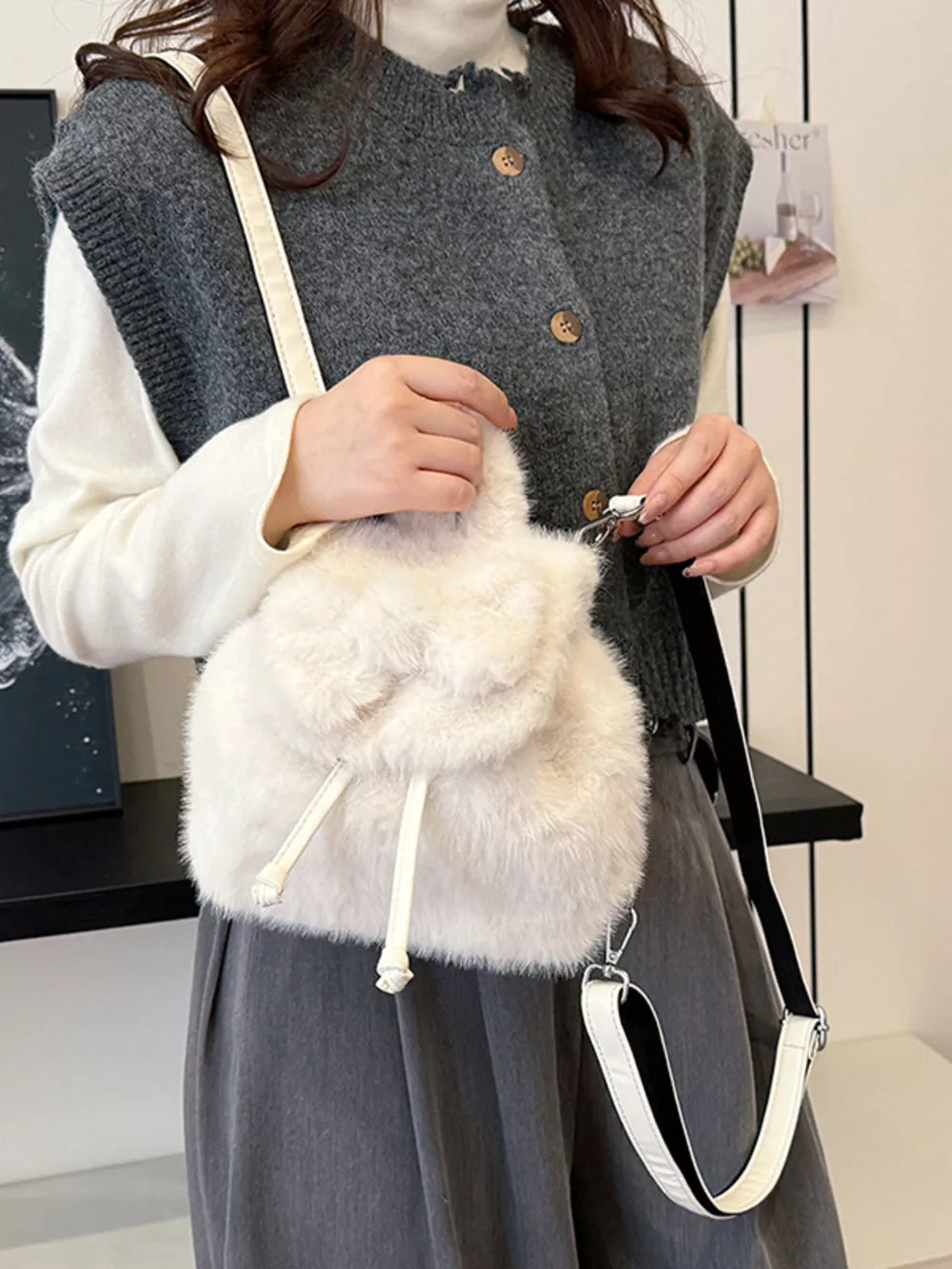 Fuzzy Plush Drawstring Backpack Bag, image 17