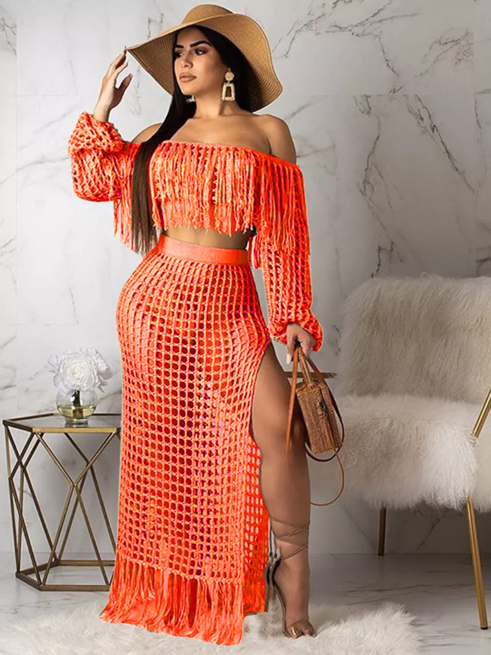 Full Size Crochet Off-Shoulder Fringe Top and Skirt Set Plus Size, image 7