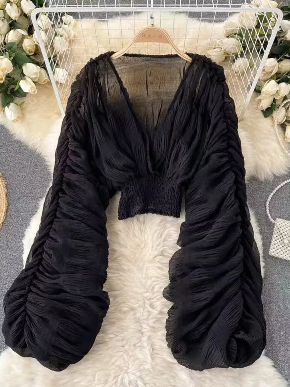 Smocked Ruched Long Sleeve Blouse