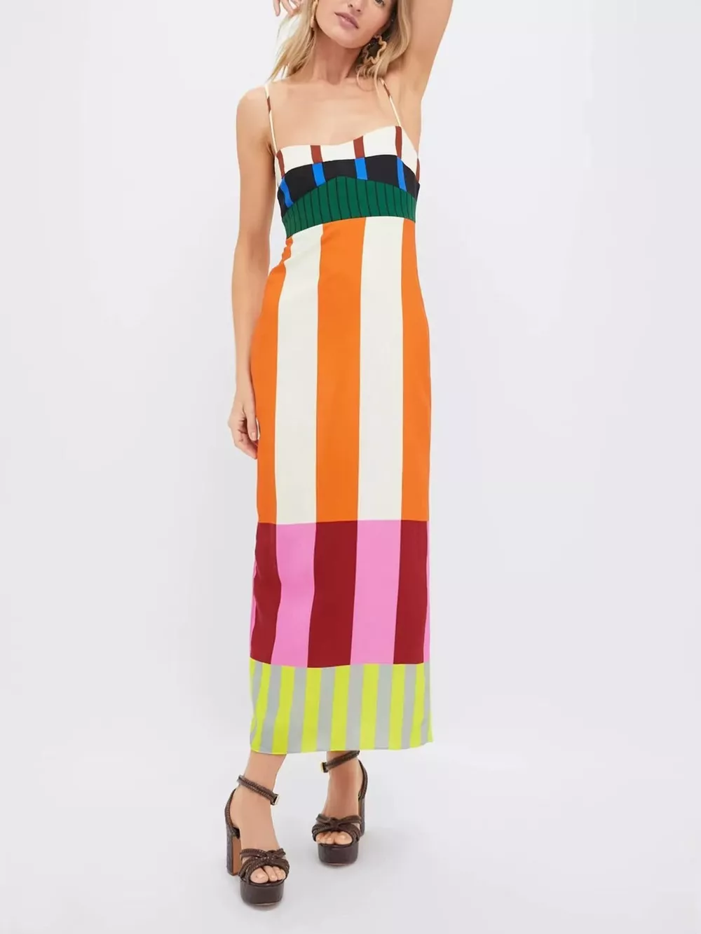 Color-Block Striped Spaghetti Strap Midi Dress