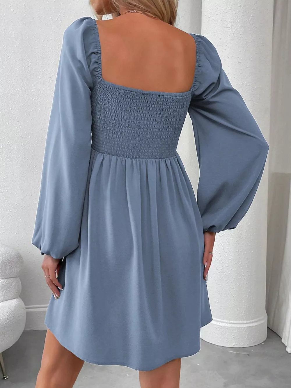 Ruched Square Neck Long Sleeve A-Line Dress, image 11