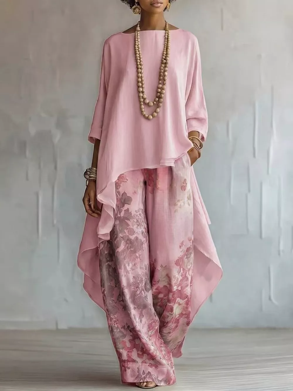 Asymmetrical Hem Top and Floral Pants Set, image 8