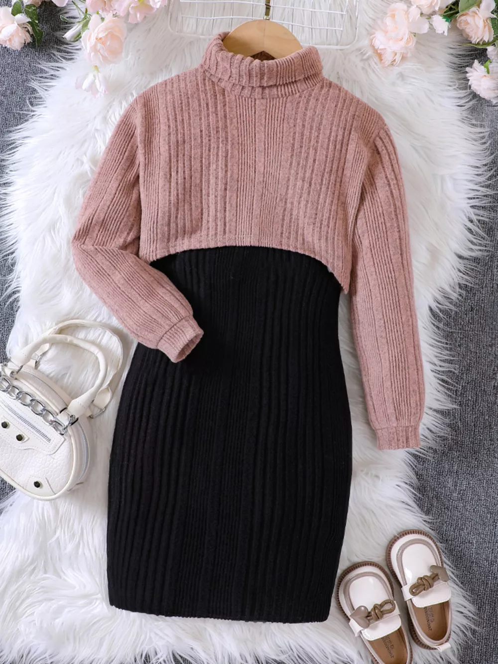 Children's Ribbed Knit Two-Tone Dress Set, image 2