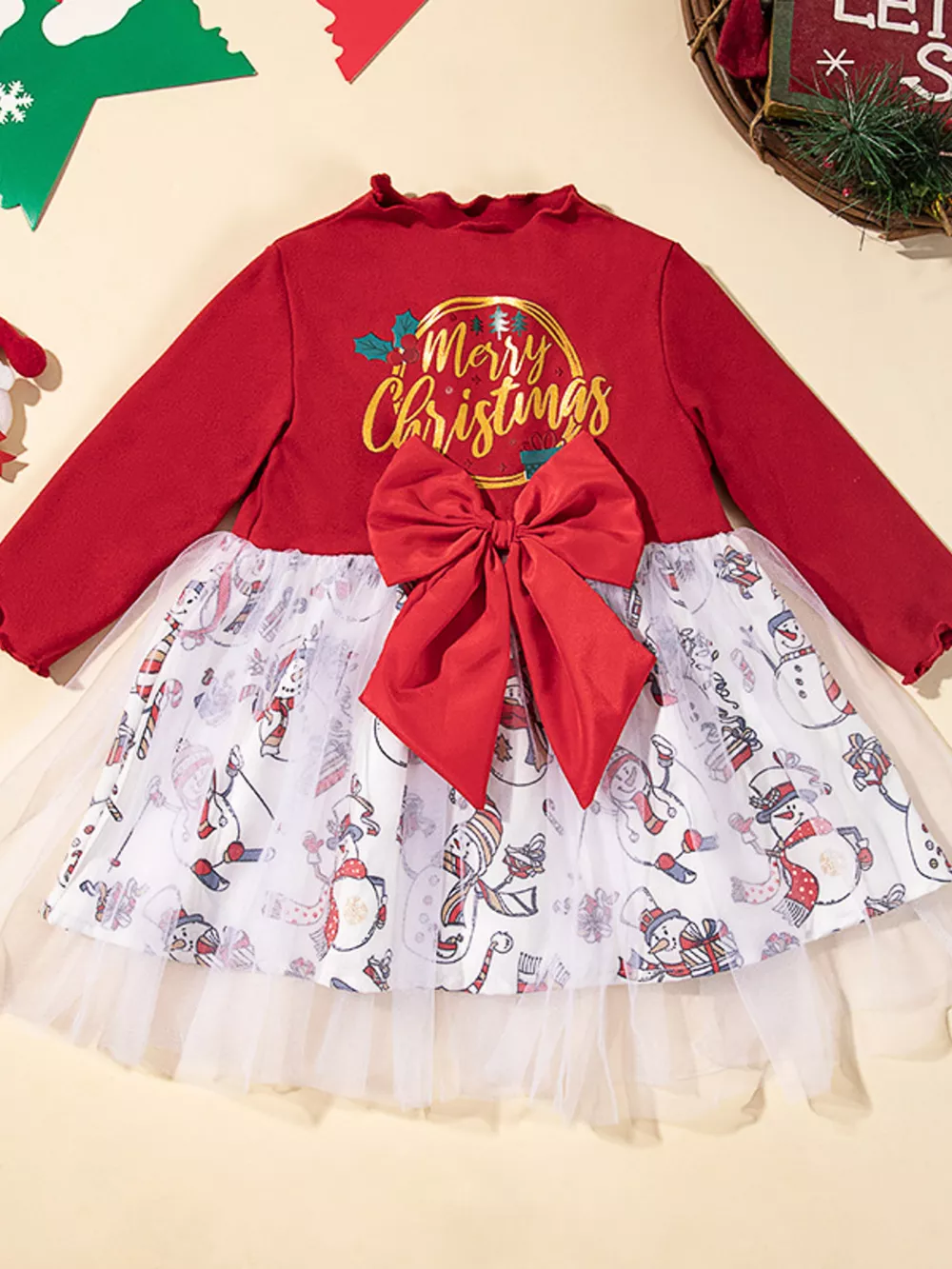 Children's Christmas Snowman Print Tulle Dress