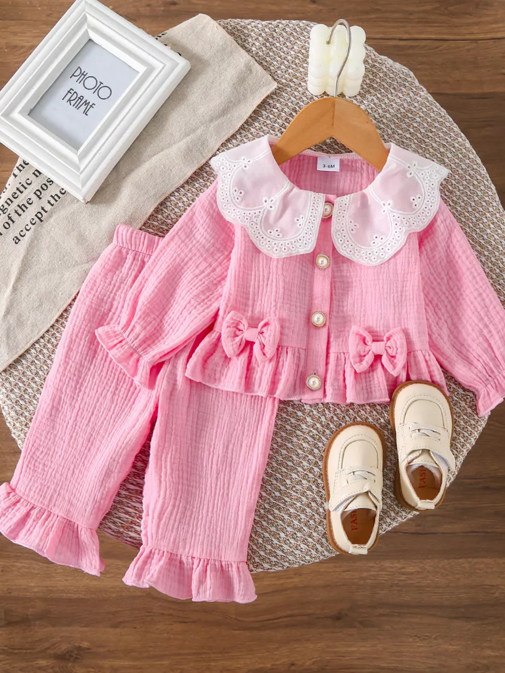 Children's Ruffle Trim Bow Decor Baby Set, image 5