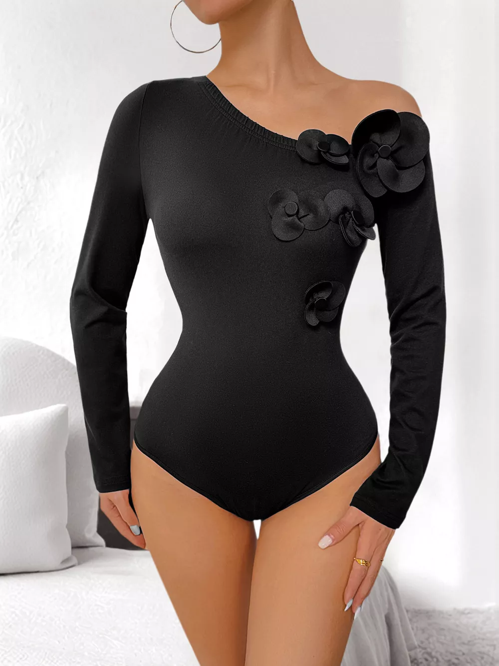 Flower One Shoulder Long Sleeve Bodysuit, image 4