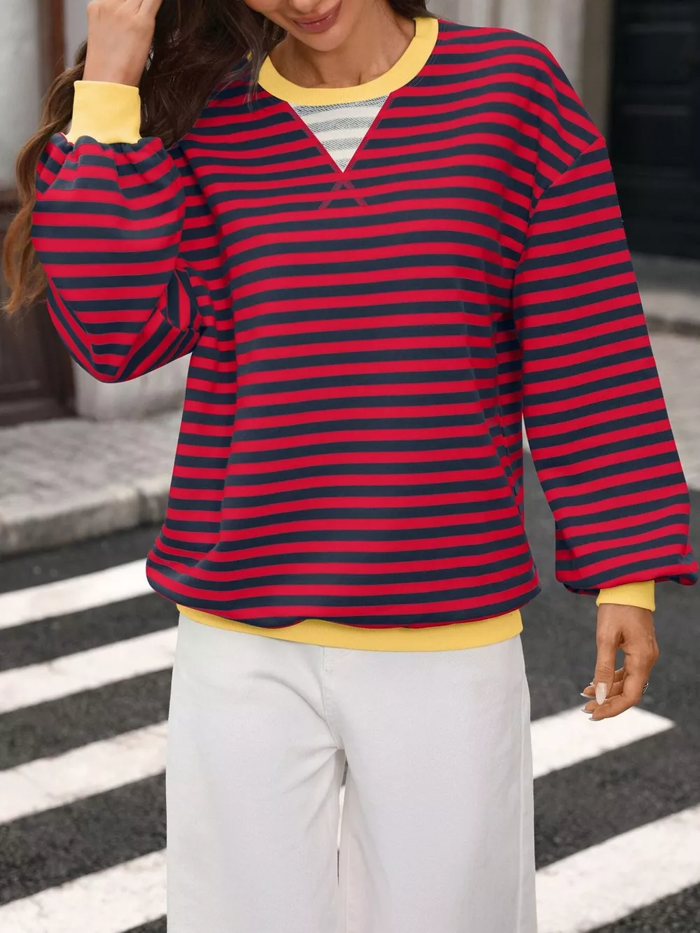 Contrast Trim Striped Crew Neck Sweatshirt, image 4