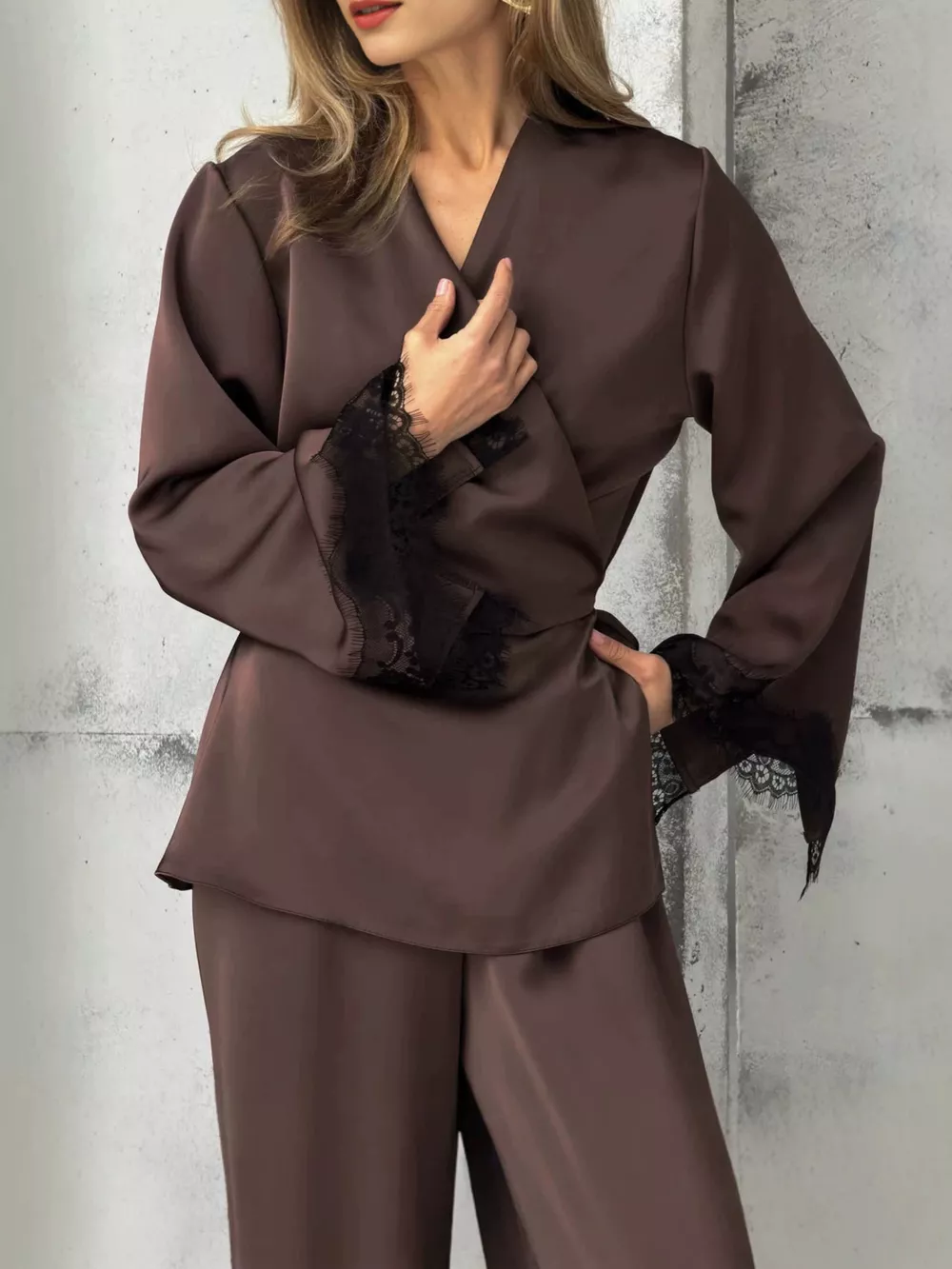 Lace Trim Wrap Top and Pants Set, image 8