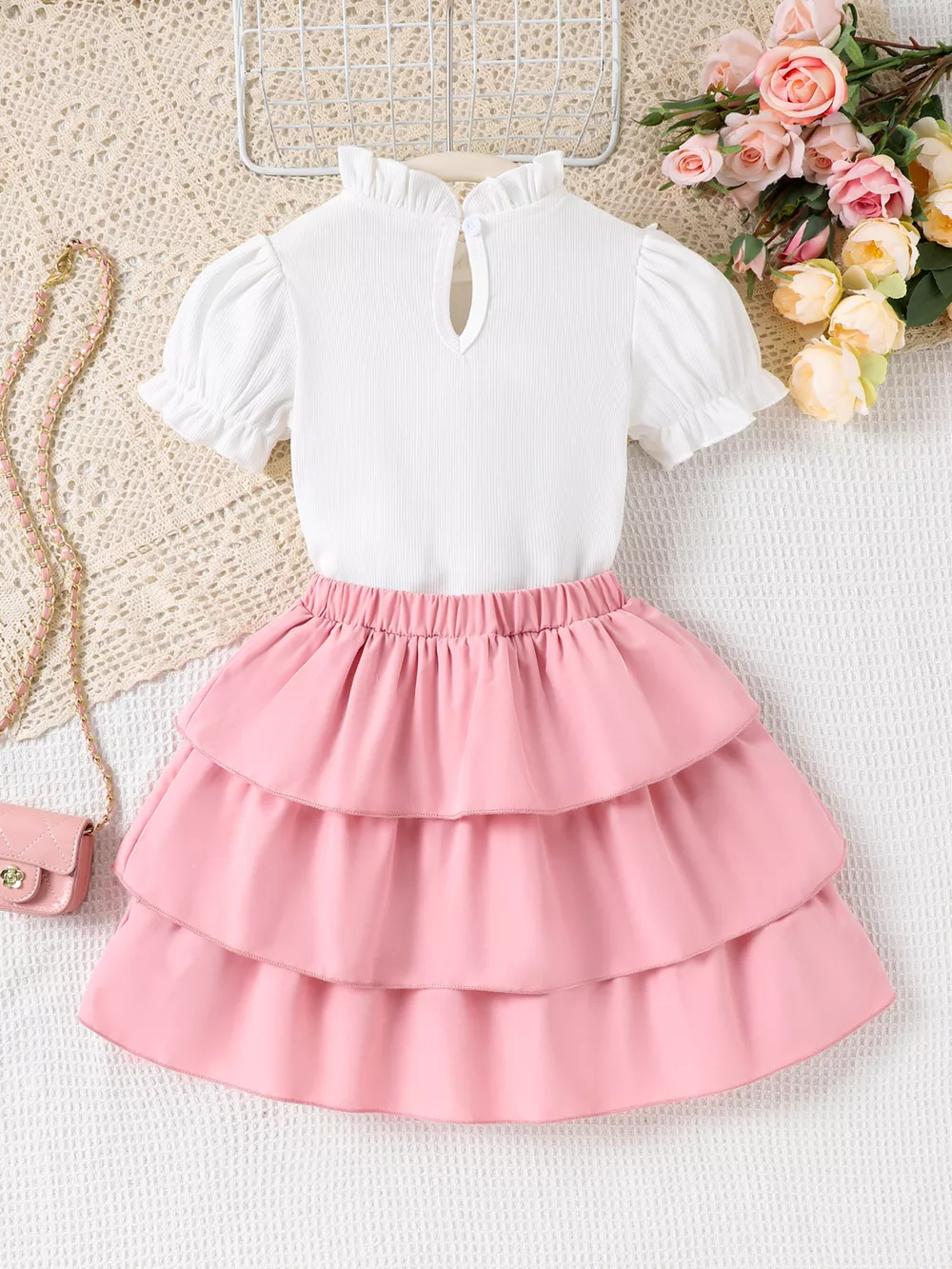 Children's Ruffle Trim Bow Decor Top & Layered Skirt Set, image 5