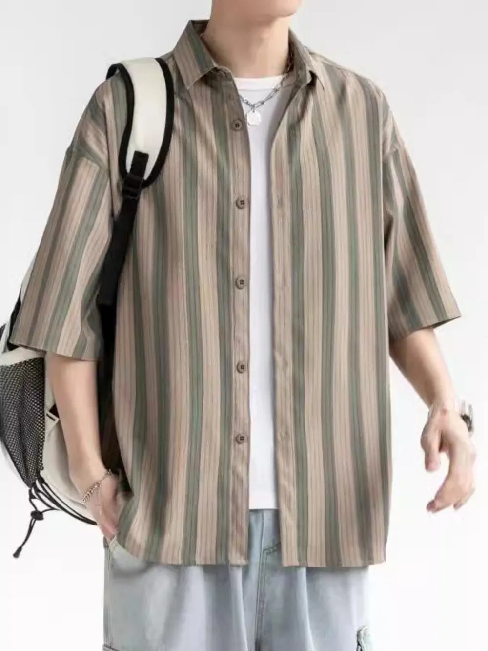 Men's Plus Size Striped Loose Fit Short Sleeve Shirt, image 2