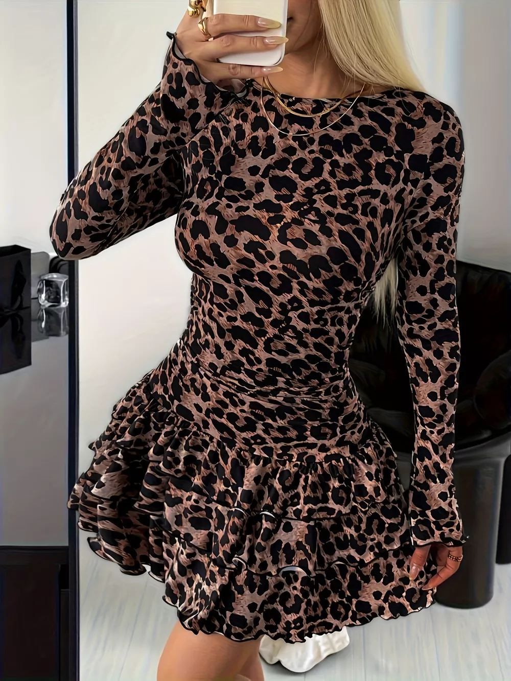 Long Sleeve Ruffled Hem Mini Dress, image 11
