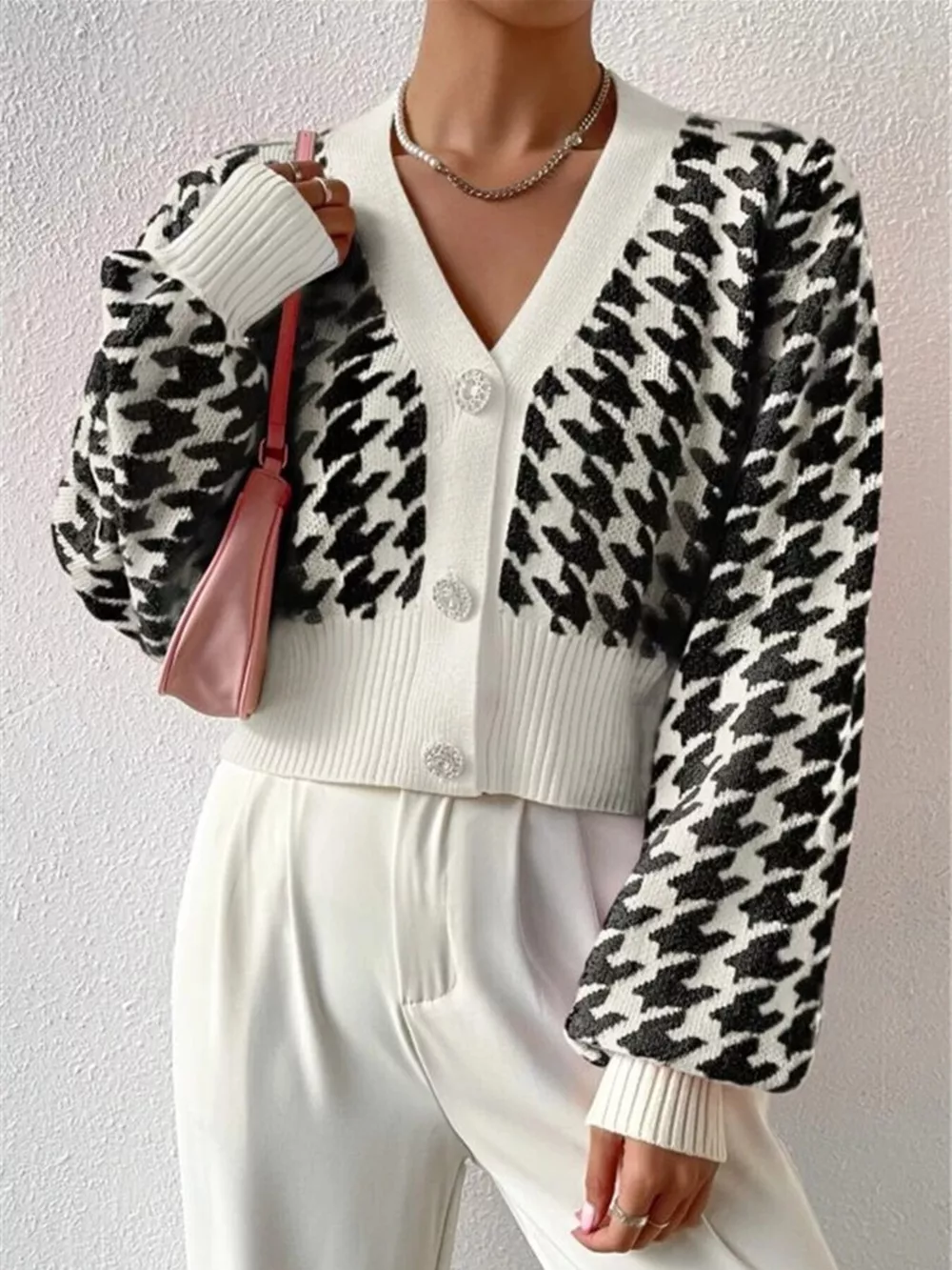 Houndstooth V-Neck Button Up Cardigan, image 8