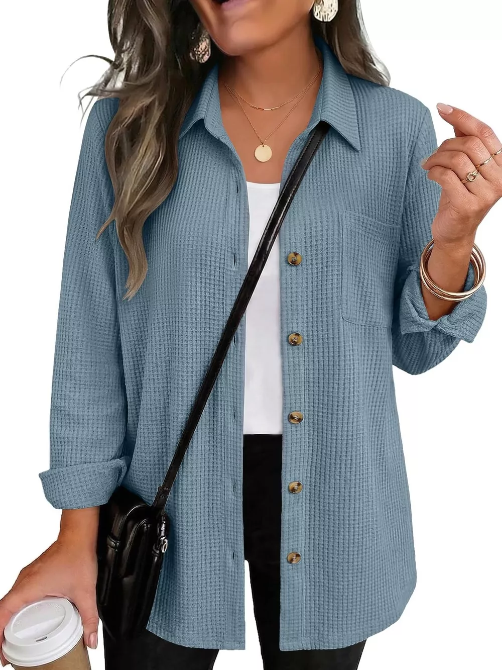 Waffle Knit Button-Down Long Sleeve Shirt, image 4
