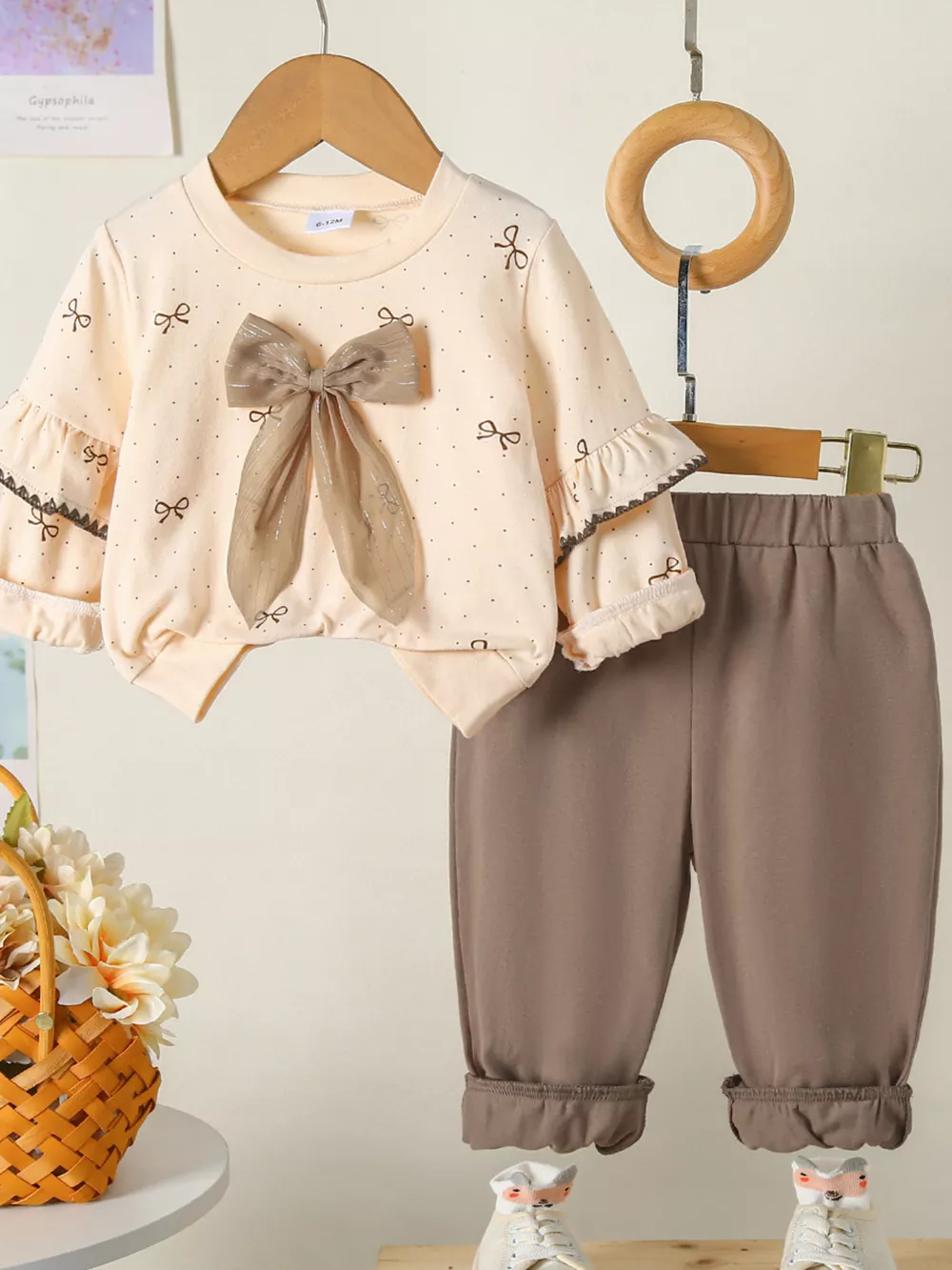 Children's Bowknot Ruffle Sleeve Top and Pants Set
