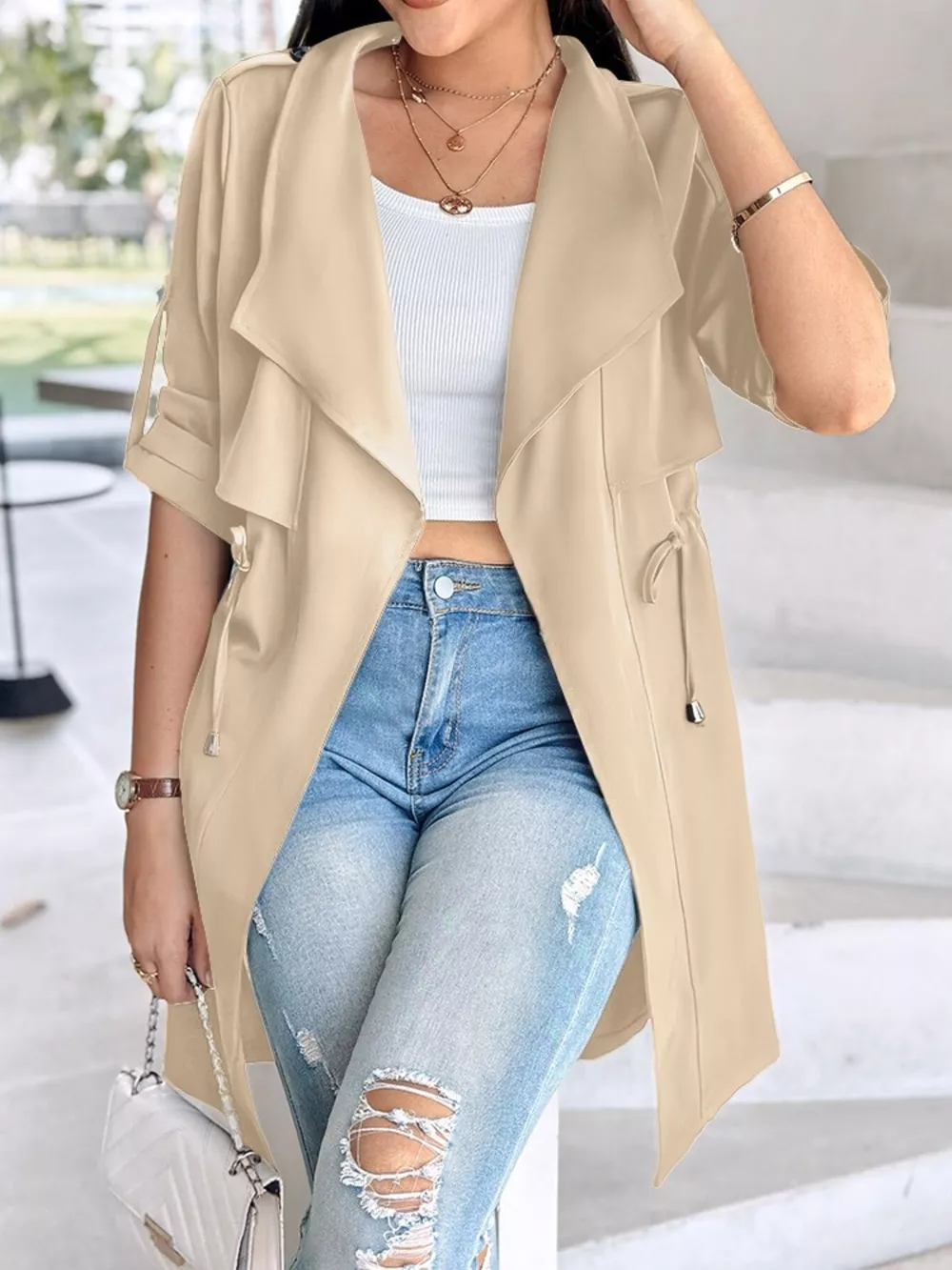 Drape Collar Lightweight Trench Coat, image 2