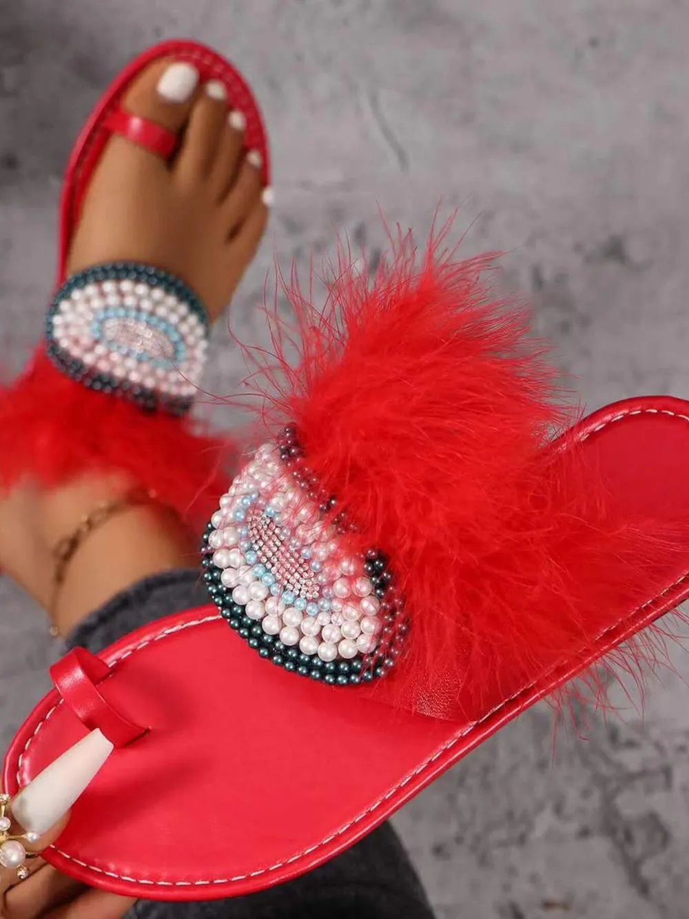 Toe Loop Fur Trim Flat Sandals, image 6