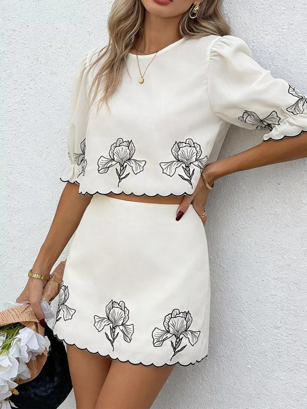 Floral Scallop Trim Top and Skirt Two-Piece Set, image 3