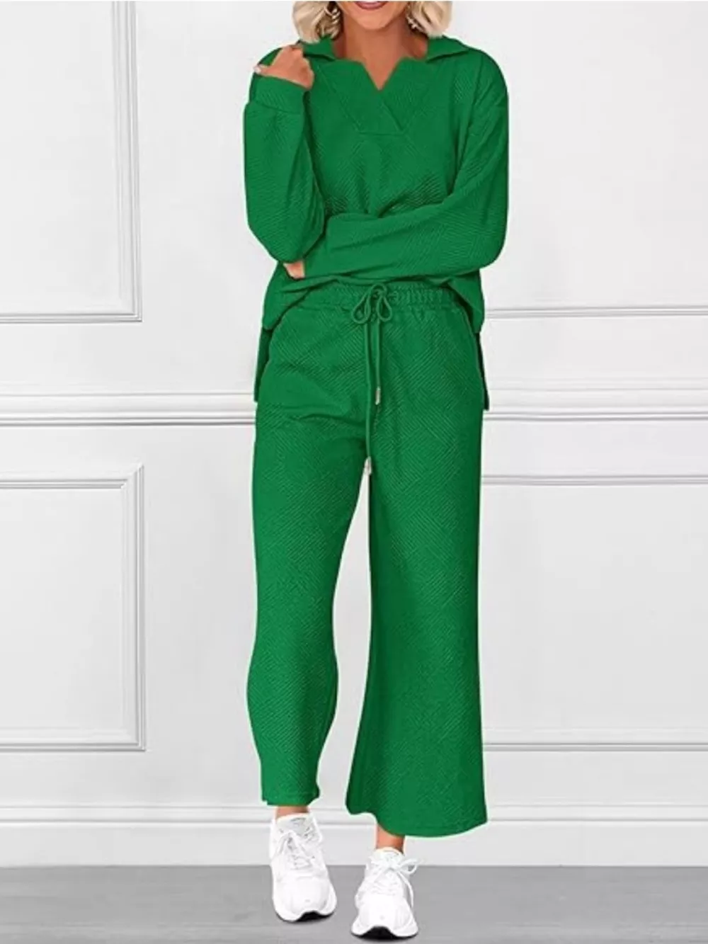 Side Slit Textured Top and Drawstring Pants Set, image 10