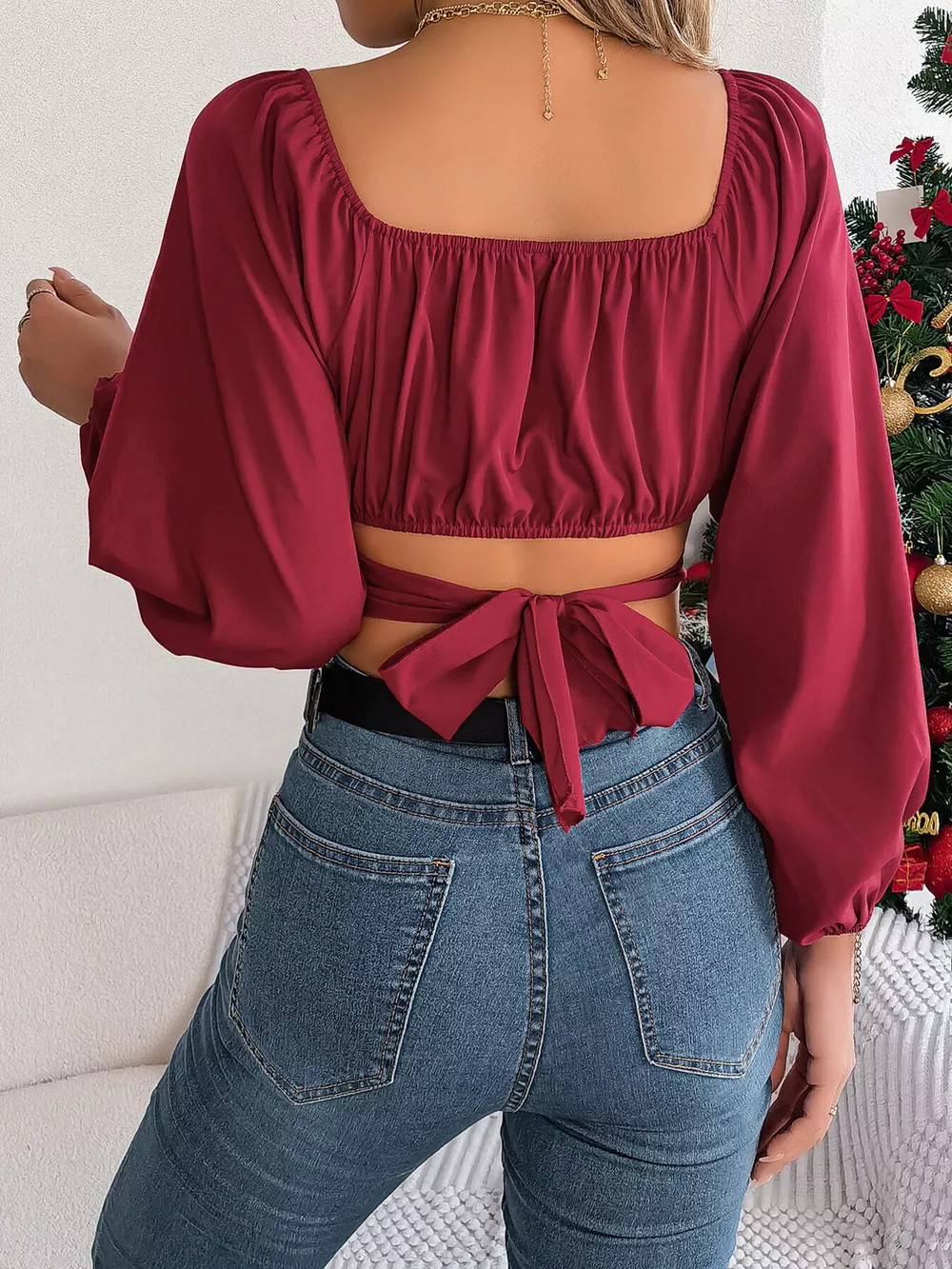 Elegant Ruched Long Sleeve Crop Blouse, image 5