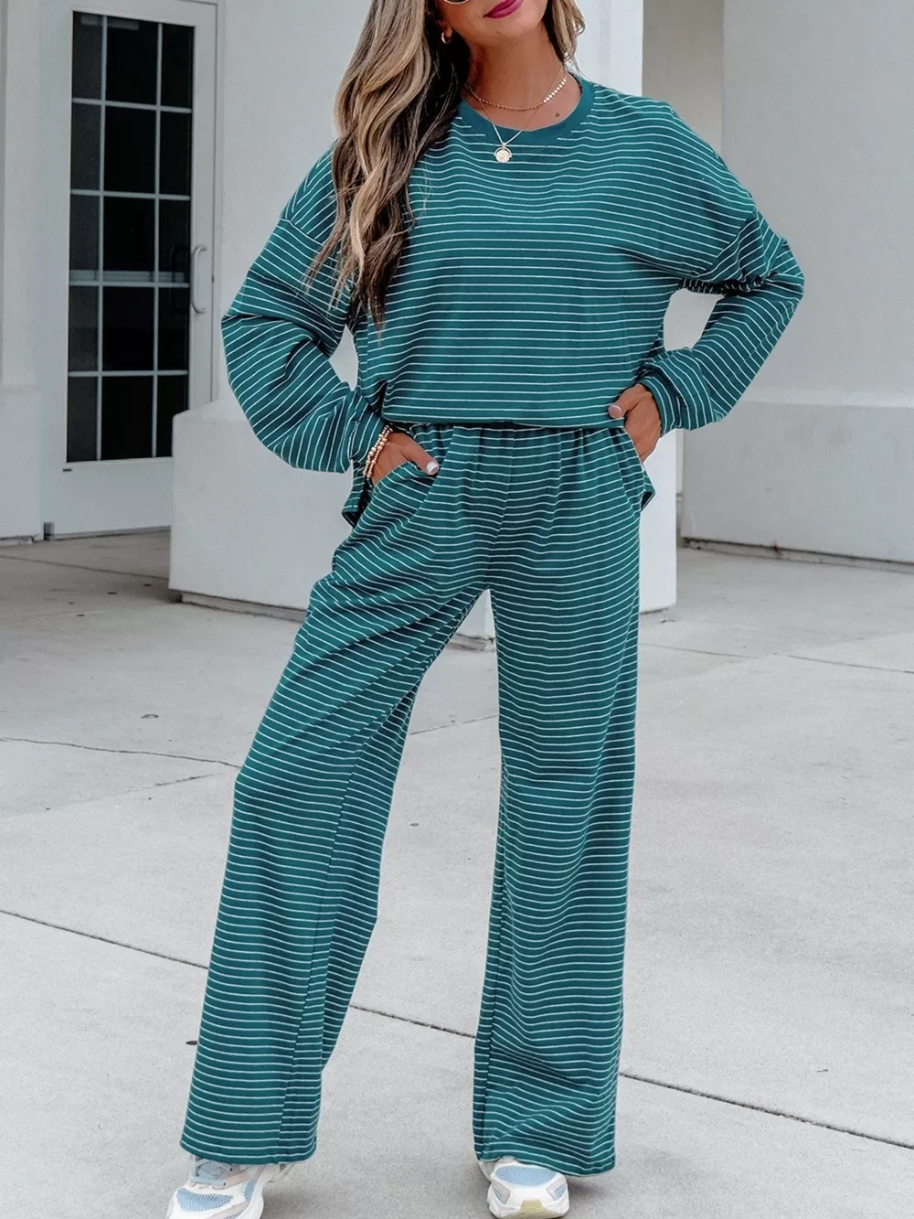 Stripe Dropped Shoulder Long Sleeve Top Elastic Waist Pants Casual 2pcs Set, image 3