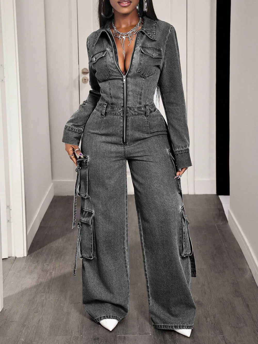 Zip Front Wide Leg Denim Jumpsuit