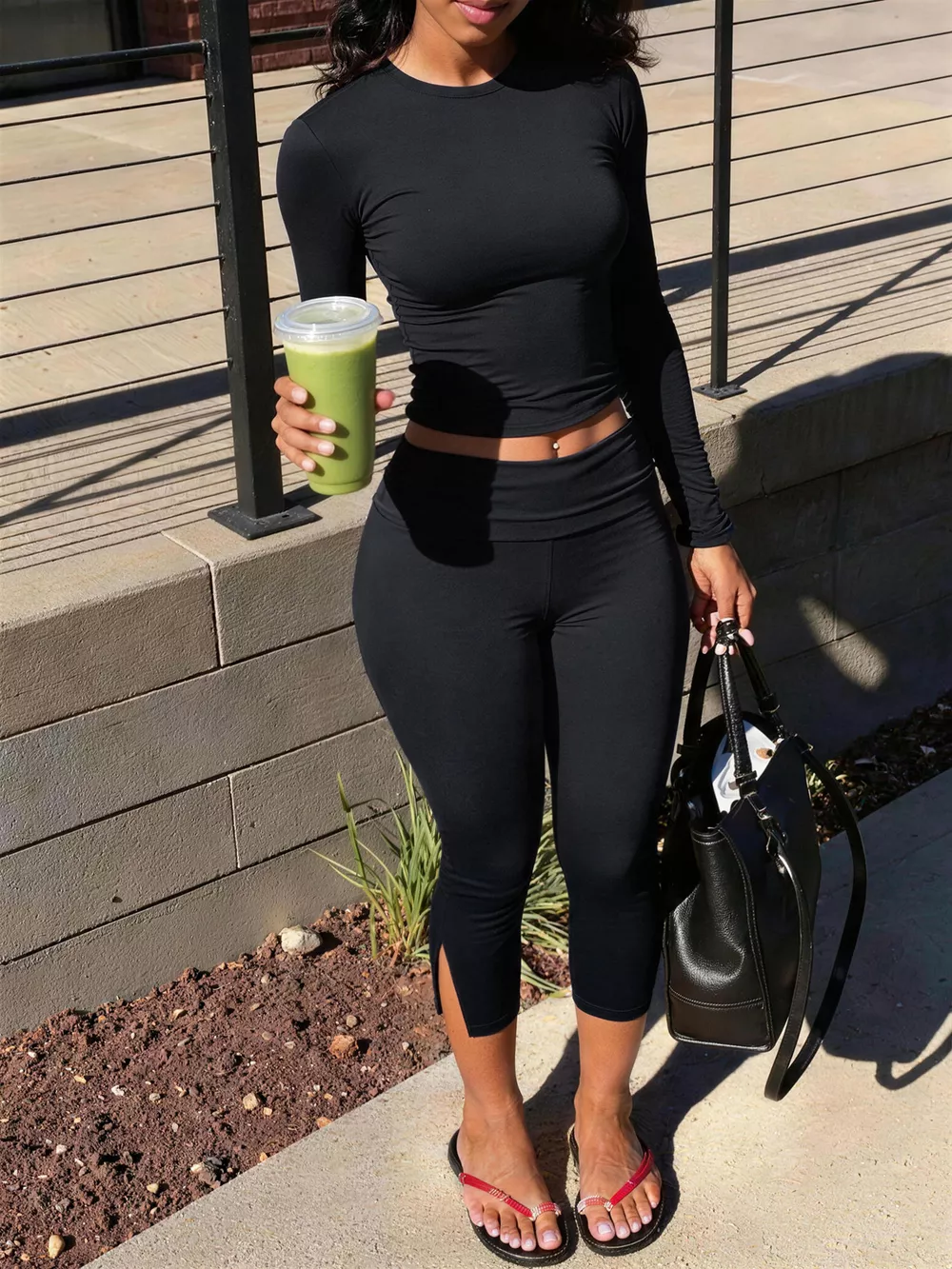 Slim-Fit Long Sleeve Crop Top and High-Waisted Split-Hem Leggings Set, image 2