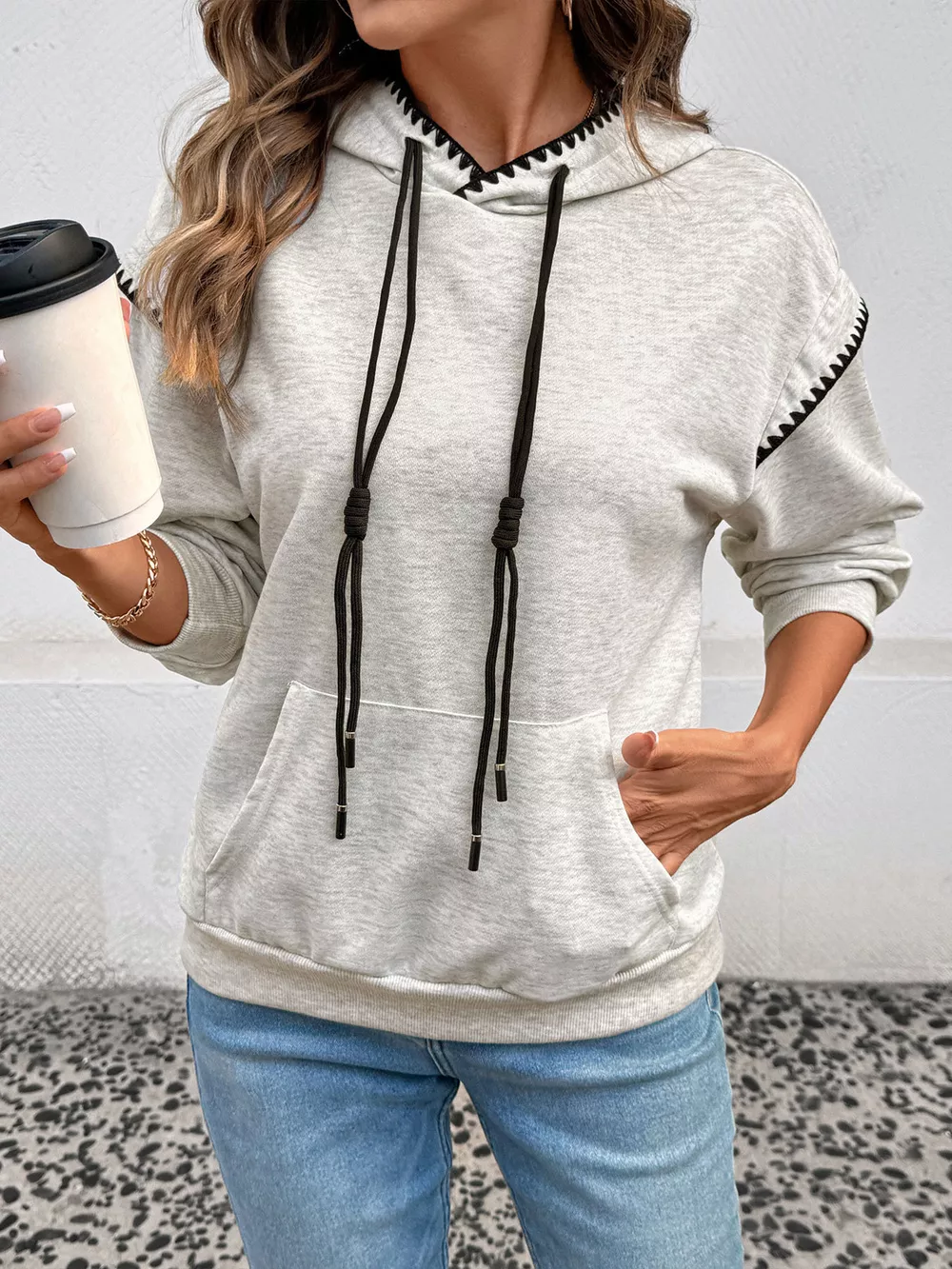 Contrast Trim Drawstring Hoodie with Kangaroo Pocket, image 3