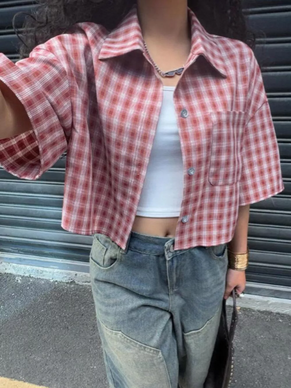 Plaid Button Up Cropped Shirt, image 3