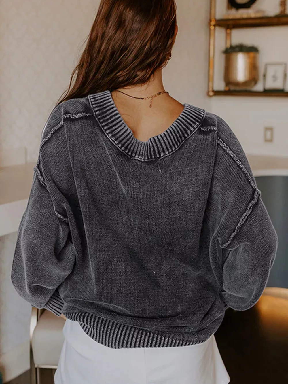 Wash V-Neck Long Sleeve Sweater, image 5