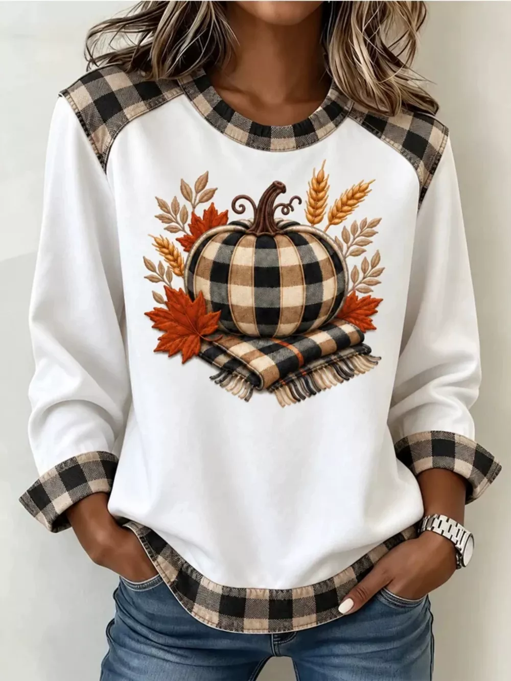 Full Size Pumpkin Plaid Patchwork Long Sleeve Sweatshirt Plus Size, image 2