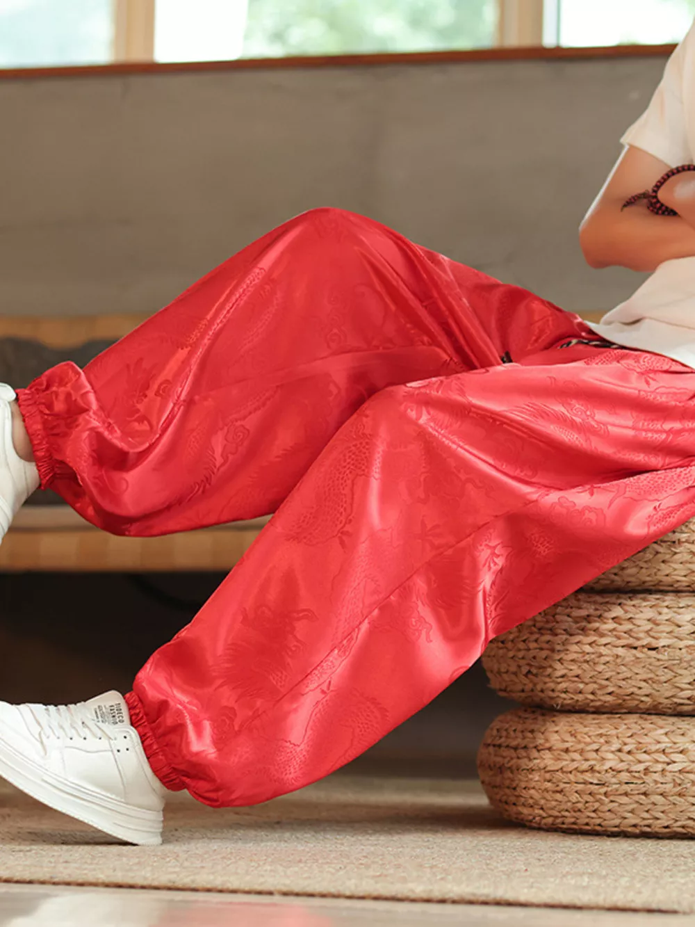 Men's Plus Size Dragon Pattern Silk Harem Pants, image 3