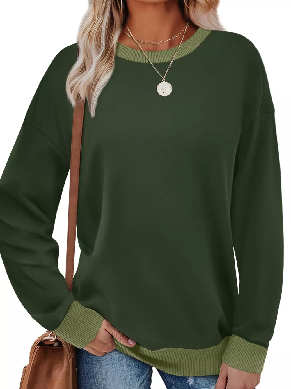 Contrast Trim Crew Neck Casual Sweatshirt, image 7