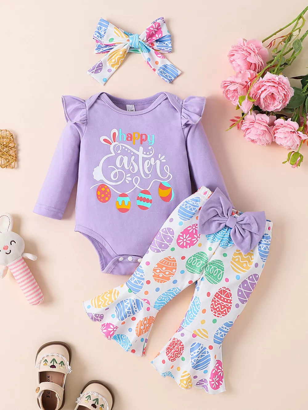 Children's Letter Ruffled Trim Bodysuit and Pants Set with Headband, image 4