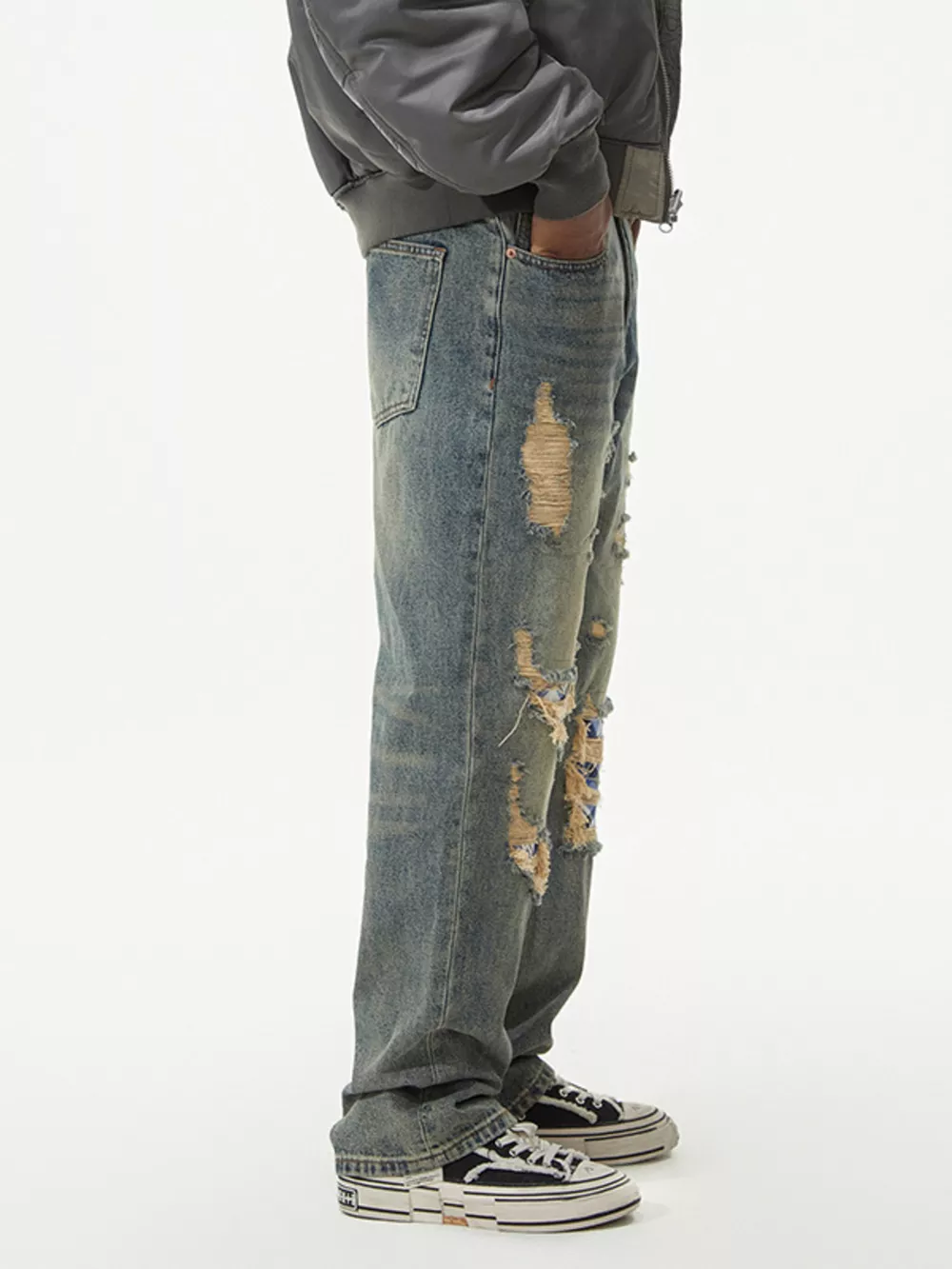Men's Distressed Plaid Patch Wide Leg Jeans, image 6