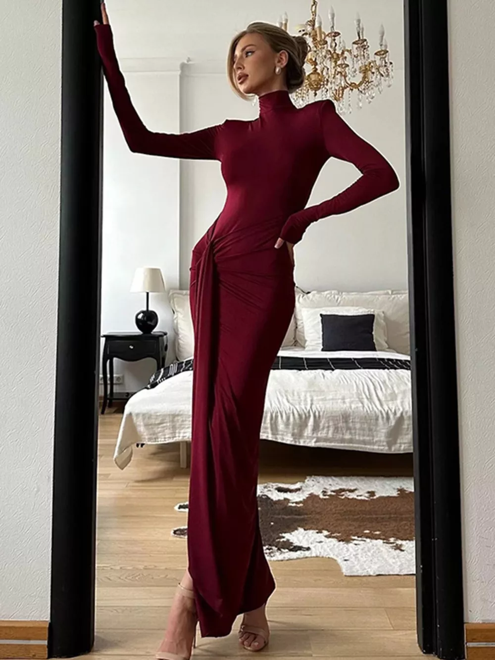 Turtleneck Long Sleeve Tie Waist Maxi Dress, image 11