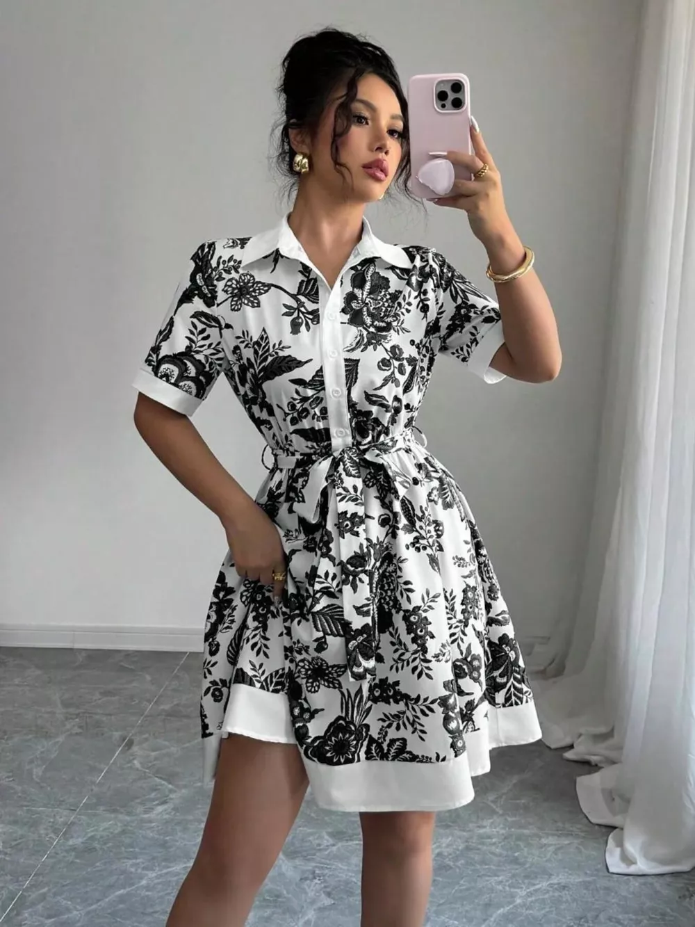 Floral Print Button-Front Shirt Dress, image 2