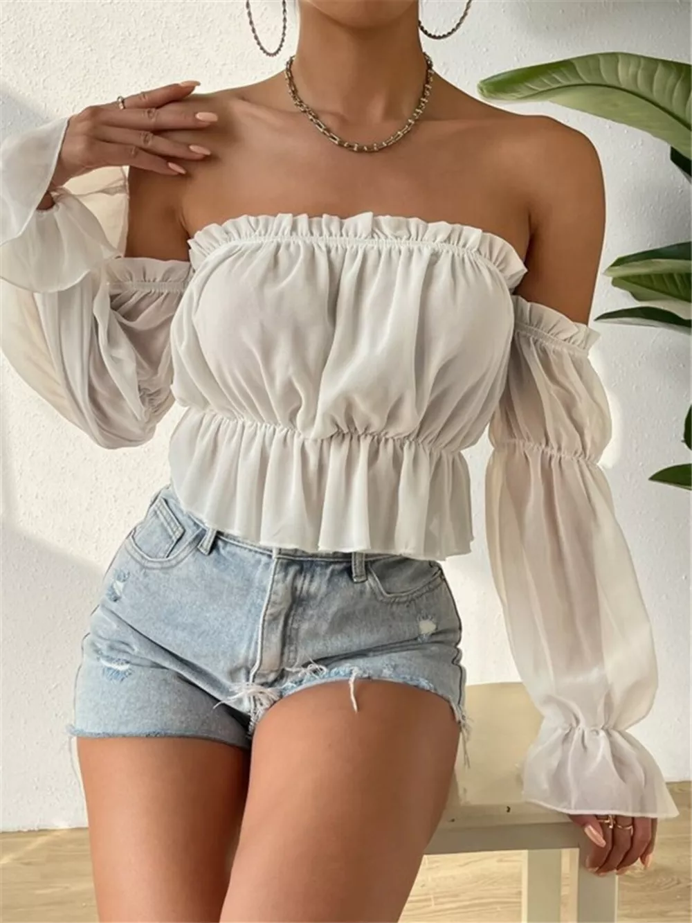 Off-Shoulder Ruffle Trim Sheer Cropped Blouse, image 7