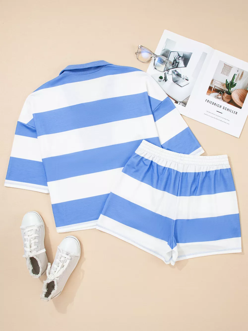 Stripe Seam Detail Half Zip Oversize Tee Casual Shorts 2pcs Set, image 3