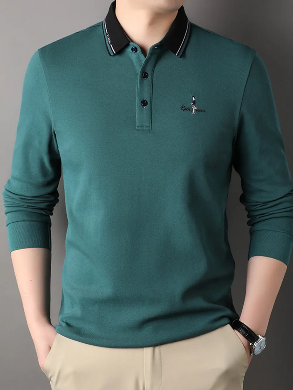Men's Plus Size Button Detail Long Sleeve Polo, image 11