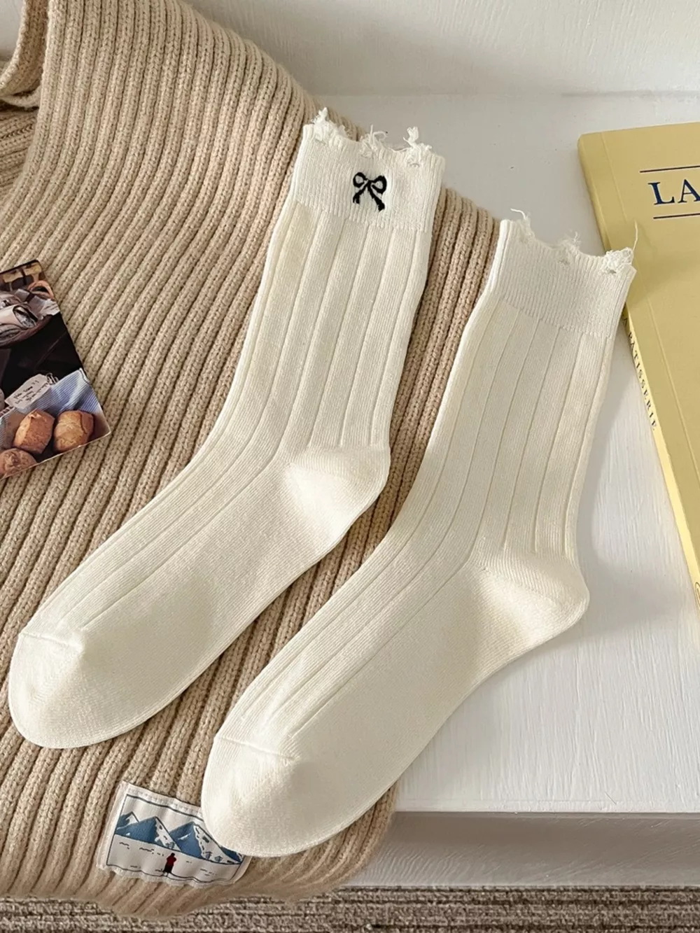 Bow Embroidery Ribbed Crew Socks, image 8