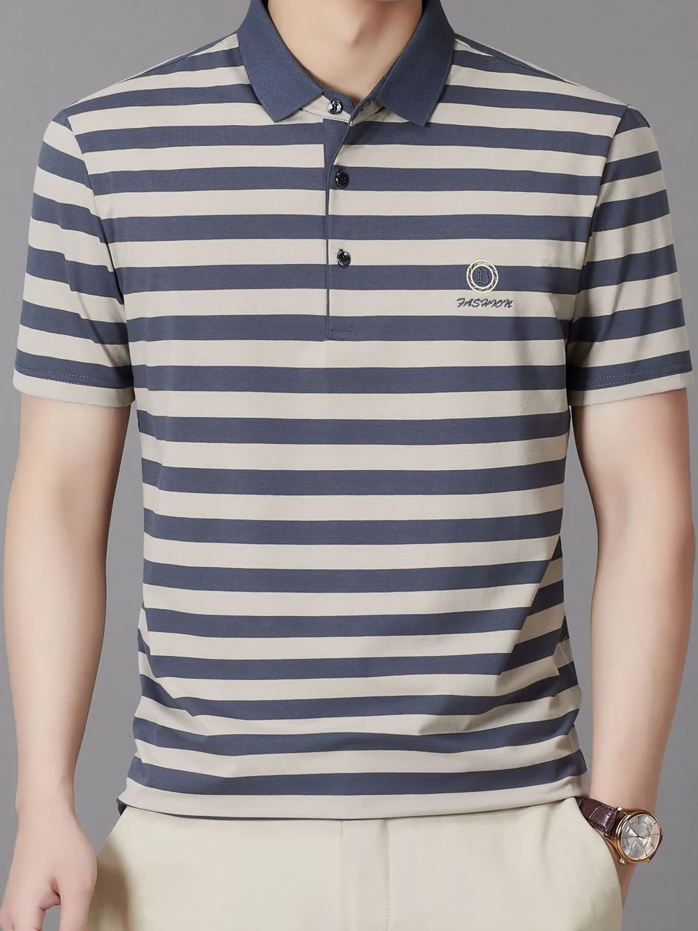Men's Striped Button Detail Short Sleeve Polo