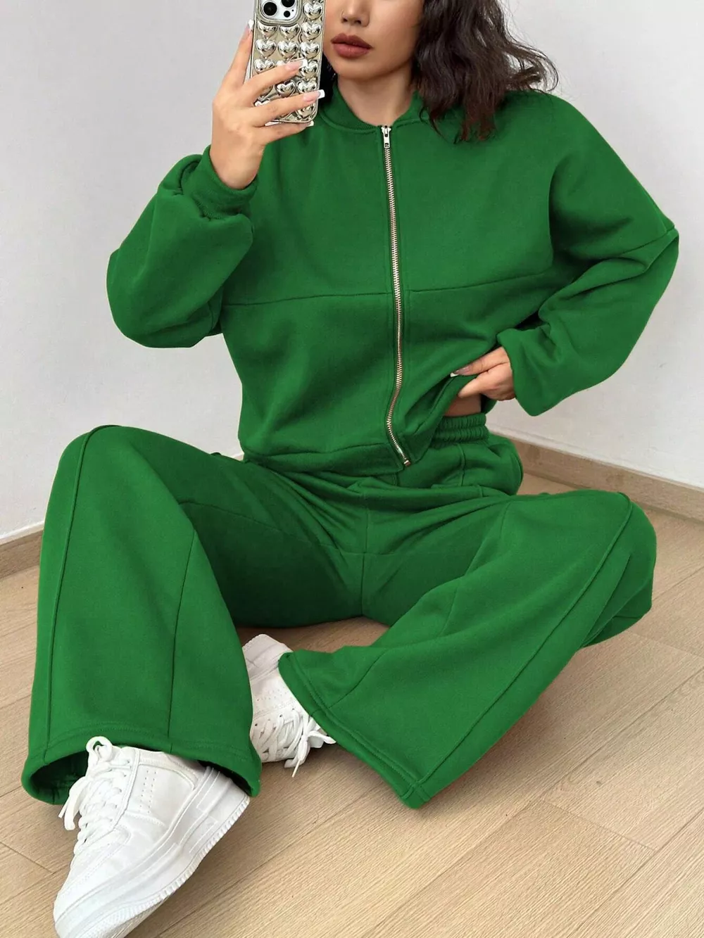 Casual Solid Color Zipper Jacket and Wide Leg Pants Set, image 10