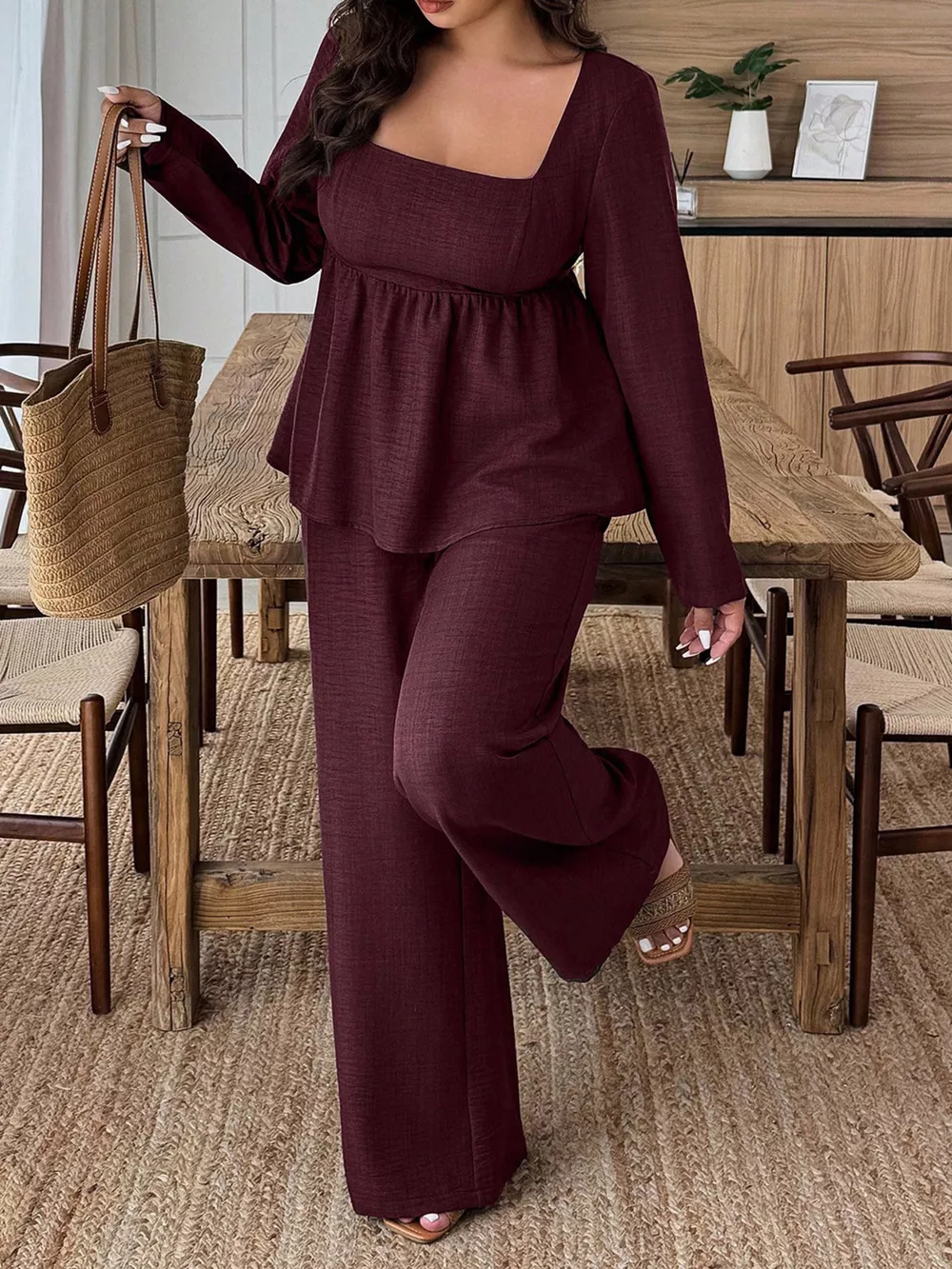 Plus Size Square Neck Long Sleeve Top and Pants Two-Piece Set, image 10