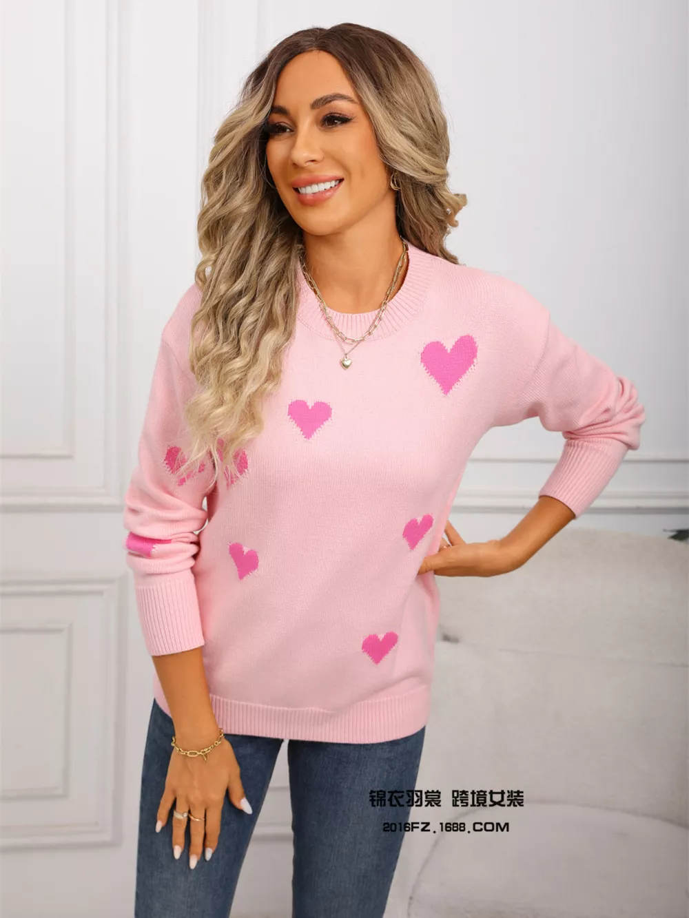 Valentine's Day Heart Print Round Neck Sweater, image 2