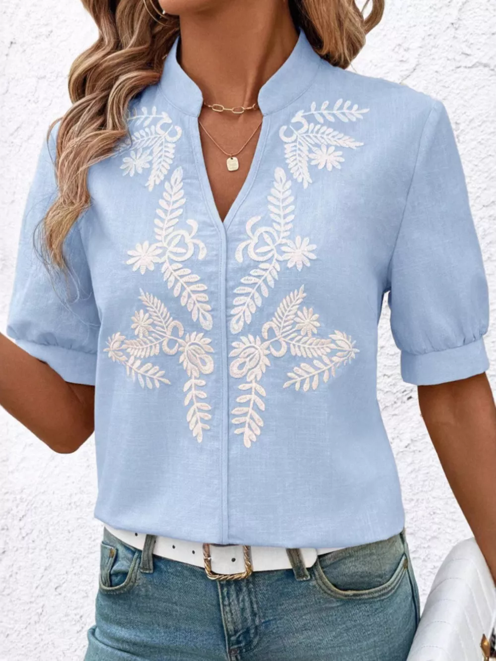 Embroidered Notched Short Sleeve Blouse, image 2