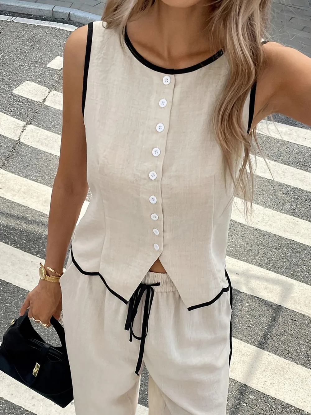 Casual Button-Up Tank and Wide-Leg Pants Set, image 2