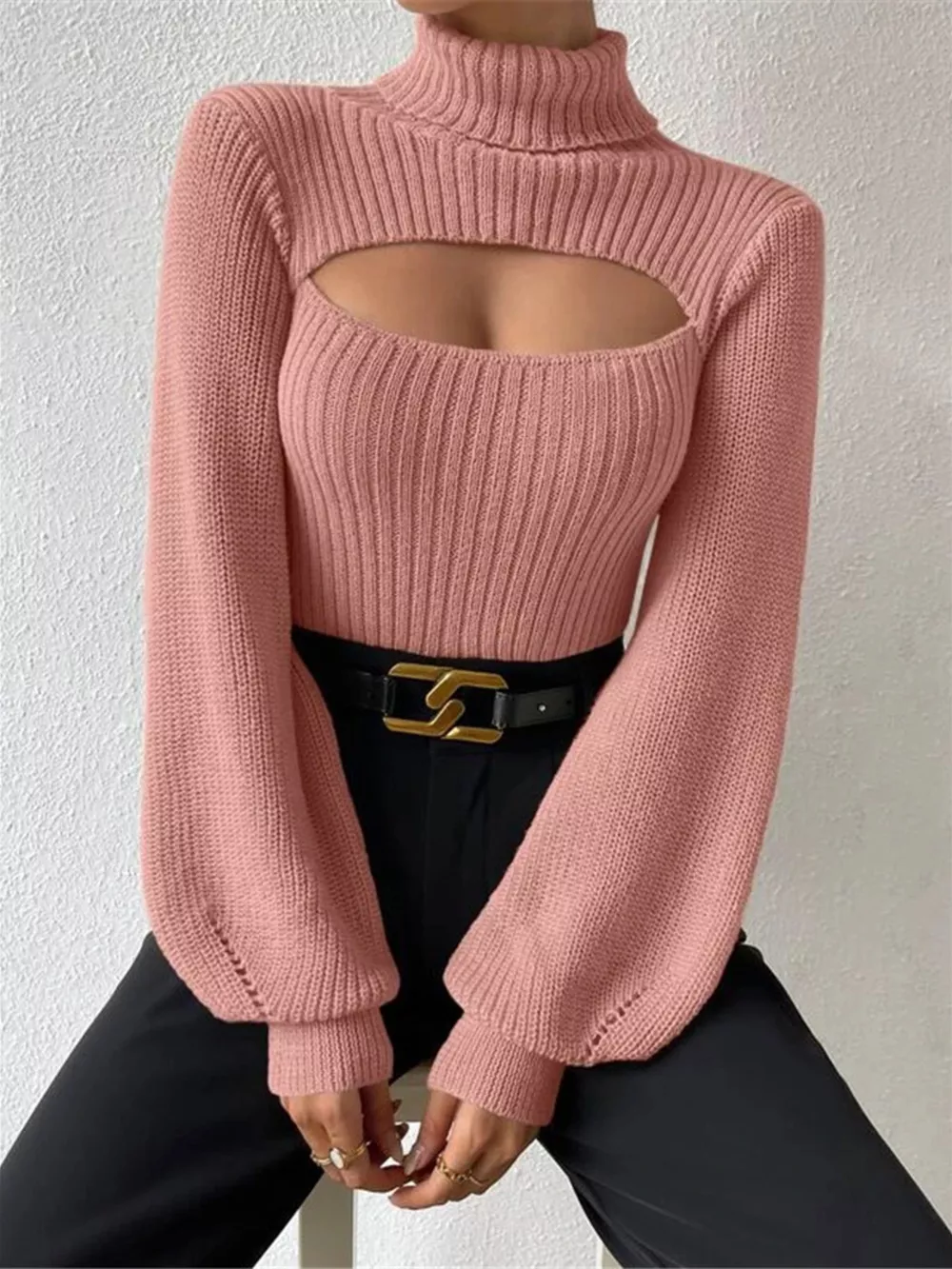 Cutout Front Turtleneck Long Sleeve Sweater, image 17